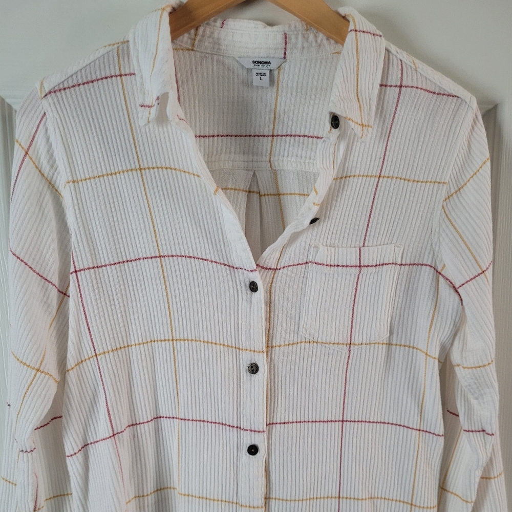 Sonoma Women's Large Burgundy and Yellow Collared Shirt